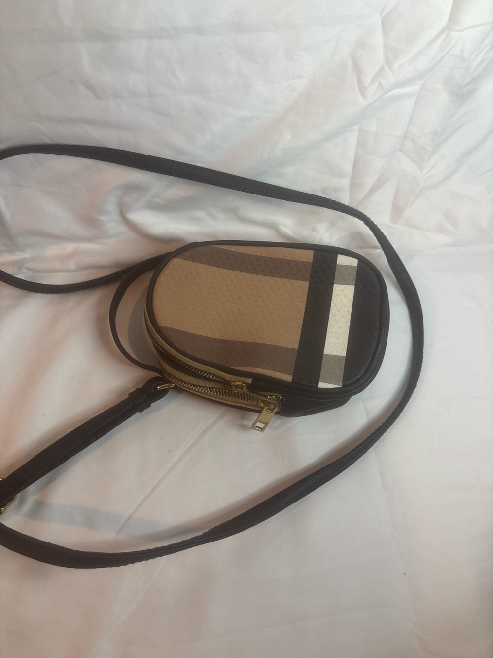 Striped Brown & Black Crossbody Bag with Gold Zipper